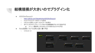 結構規模が大きいのでプラグイン化
● ADX2forDoozyUI
○ https://github.com/TakaakiIchijo/ADX2forDoozyUI
○ NodyでADX2データのロード＆再生
○ UIButtonを押したときにADX2データを再生
○ まだインタラクティブミュージック向けの連携機能がないので追加予定
■ メニュー遷移時に BGMのミックスが変わるとかやる予定
● Nody拡張については同人誌に書く予定
○ Unibook 12
 