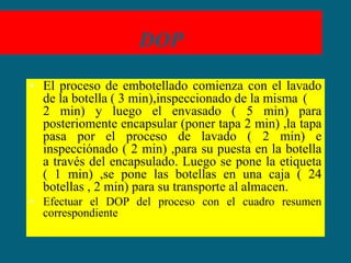 DOP
• El proceso de embotellado comienza con el lavado
de la botella ( 3 min),inspeccionado de la misma (
2 min) y luego el envasado ( 5 min) para
posteriomente encapsular (poner tapa 2 min) ,la tapa
pasa por el proceso de lavado ( 2 min) e
inspecciónado ( 2 min) ,para su puesta en la botella
a través del encapsulado. Luego se pone la etiqueta
( 1 min) ,se pone las botellas en una caja ( 24
botellas , 2 min) para su transporte al almacen.
• Efectuar el DOP del proceso con el cuadro resumen
correspondiente
 