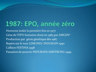 Hormone isolée la première fois en 1977
Gène de l’EPO humaine cloné en 1983 par AMGEN*
Production par génie génétique dès 1987
Repère sur le tour LEMOND/ INDURAIN 1990
L’affaire FESTINA 1998
Passation de pouvoir INDURAIN/AMSTRONG 1999
 