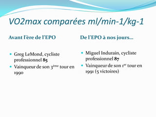 VO2max comparées ml/min-1/kg-1
Avant l’ère de l’EPO De l’EPO à nos jours…
 Greg LeMond, cycliste
professionnel 85
 Vainqueurde son 3ème tour en
1990
 Miguel Indurain, cycliste
professionnel 87
 Vainqueurde son 1er tour en
1991 (5 victoires)
 