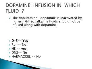  Like dobutamine, dopamine is inactivated by
higher PH So ,alkaline fluids should not be
infused along with dopamine
 D-5-- Yes
 RL -- No
 NS -- yes
 DNS-- No
 HAEMACCEL -- No
 