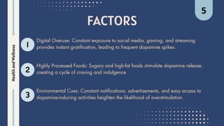 FACTORS
1
2
3
Digital Overuse: Constant exposure to social media, gaming, and streaming
provides instant gratification, leading to frequent dopamine spikes.
Highly Processed Foods: Sugary and high-fat foods stimulate dopamine release,
creating a cycle of craving and indulgence
Environmental Cues: Constant notifications, advertisements, and easy access to
dopamine-inducing activities heighten the likelihood of overstimulation.
Health
and
Wellness 5
 