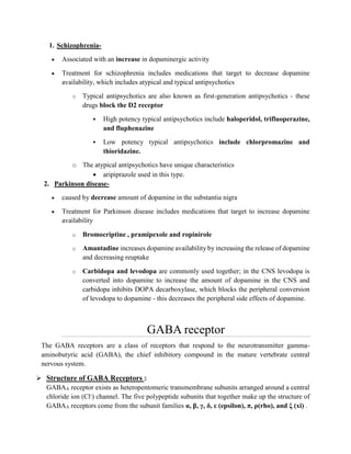 1. Schizophrenia-
 Associated with an increase in dopaminergic activity
 Treatment for schizophrenia includes medications that target to decrease dopamine
availability, which includes atypical and typical antipsychotics
o Typical antipsychotics are also known as first-generation antipsychotics - these
drugs block the D2 receptor
 High potency typical antipsychotics include haloperidol, trifluoperazine,
and fluphenazine
 Low potency typical antipsychotics include chlorpromazine and
thioridazine.
o The atypical antipsychotics have unique characteristics
 aripiprazole used in this type.
2. Parkinson disease-
 caused by decrease amount of dopamine in the substantia nigra
 Treatment for Parkinson disease includes medications that target to increase dopamine
availability
o Bromocriptine , pramipexole and ropinirole
o Amantadine increases dopamine availability by increasing the release of dopamine
and decreasing reuptake
o Carbidopa and levodopa are commonly used together; in the CNS levodopa is
converted into dopamine to increase the amount of dopamine in the CNS and
carbidopa inhibits DOPA decarboxylase, which blocks the peripheral conversion
of levodopa to dopamine - this decreases the peripheral side effects of dopamine.
GABA receptor
The GABA receptors are a class of receptors that respond to the neurotransmitter gamma-
aminobutyric acid (GABA), the chief inhibitory compound in the mature vertebrate central
nervous system.
 Structure of GABA Receptors :
GABAA receptor exists as heteropentomeric transmembrane subunits arranged around a central
chloride ion (Cl-) channel. The five polypeptide subunits that together make up the structure of
GABAA receptors come from the subunit families α, β, γ, δ, ε (epsilon), π, ρ(rho), and ξ (xi) .
 