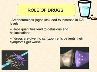 ROLE OF DRUGS

–Amphetamines (agonists) lead to increase in DA
levels
–Large quantities lead to delusions and
hallucinations
–If drugs are given to schizophrenic patients their
symptoms get worse
 