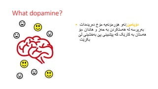 What dopamine?
• ‫دۆپامین‬
:
‫دەریدەدات‬ ‫مۆخ‬ ‫هۆڕمۆنەیە‬ ‫ئەو‬
‫بۆ‬، ‫هاندان‬ ‫و‬ ‫حەز‬ ‫بە‬ ‫هەستکردن‬ ‫لە‬ ‫بەرپرسە‬
‫...