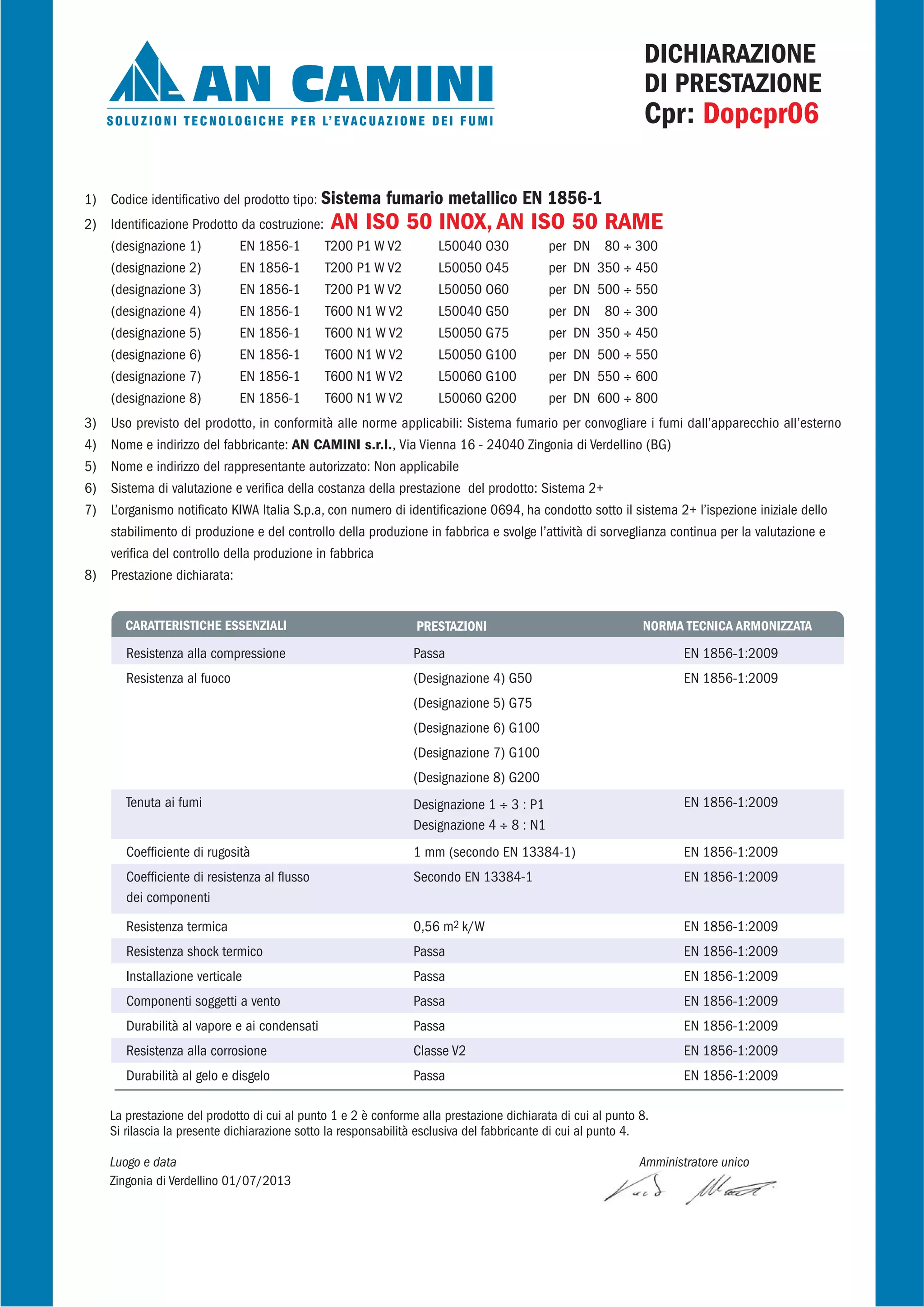 DICHIARAZIONE
DI PRESTAZIONE
Cpr: Dopcpr06
1) Codice identificativo del prodotto tipo: Sistema fumario metallico EN 1856-1
2) Identificazione Prodotto da costruzione: AN ISO 50 INOX, AN ISO 50 RAME
(designazione 1) EN 1856-1 T200 P1 W V2 L50040 O30 per DN 80 ÷ 300
(designazione 2) EN 1856-1 T200 P1 W V2 L50050 O45 per DN 350 ÷ 450
(designazione 3) EN 1856-1 T200 P1 W V2 L50050 O60 per DN 500 ÷ 550
(designazione 4) EN 1856-1 T600 N1 W V2 L50040 G50 per DN 80 ÷ 300
(designazione 5) EN 1856-1 T600 N1 W V2 L50050 G75 per DN 350 ÷ 450
(designazione 6) EN 1856-1 T600 N1 W V2 L50050 G100 per DN 500 ÷ 550
(designazione 7) EN 1856-1 T600 N1 W V2 L50060 G100 per DN 550 ÷ 600
(designazione 8) EN 1856-1 T600 N1 W V2 L50060 G200 per DN 600 ÷ 800
3) Uso previsto del prodotto, in conformità alle norme applicabili: Sistema fumario per convogliare i fumi dall’apparecchio all’esterno
4) Nome e indirizzo del fabbricante: AN CAMINI s.r.l., Via Vienna 16 - 24040 Zingonia di Verdellino (BG)
5) Nome e indirizzo del rappresentante autorizzato: Non applicabile
6) Sistema di valutazione e verifica della costanza della prestazione del prodotto: Sistema 2+
7) L’organismo notificato KIWA Italia S.p.a, con numero di identificazione 0694, ha condotto sotto il sistema 2+ l’ispezione iniziale dello
stabilimento di produzione e del controllo della produzione in fabbrica e svolge l’attività di sorveglianza continua per la valutazione e
verifica del controllo della produzione in fabbrica
8) Prestazione dichiarata:
La prestazione del prodotto di cui al punto 1 e 2 è conforme alla prestazione dichiarata di cui al punto 8.
Si rilascia la presente dichiarazione sotto la responsabilità esclusiva del fabbricante di cui al punto 4.
Luogo e data Amministratore unico
Zingonia di Verdellino 01/07/2013
CARATTERISTICHE ESSENZIALI PRESTAZIONI NORMA TECNICA ARMONIZZATA
Resistenza alla compressione
Resistenza al fuoco
Tenuta ai fumi
Coefficiente di rugosità
Coefficiente di resistenza al flusso
dei componenti
Resistenza termica
Resistenza shock termico
Installazione verticale
Componenti soggetti a vento
Durabilità al vapore e ai condensati
Resistenza alla corrosione
Durabilità al gelo e disgelo
EN 1856-1:2009
EN 1856-1:2009
EN 1856-1:2009
EN 1856-1:2009
EN 1856-1:2009
EN 1856-1:2009
EN 1856-1:2009
EN 1856-1:2009
EN 1856-1:2009
EN 1856-1:2009
EN 1856-1:2009
EN 1856-1:2009
Passa
(Designazione 4) G50
(Designazione 5) G75
(Designazione 6) G100
(Designazione 7) G100
(Designazione 8) G200
Designazione 1 ÷ 3 : P1
Designazione 4 ÷ 8 : N1
1 mm (secondo EN 13384-1)
Secondo EN 13384-1
0,56 m2 k/W
Passa
Passa
Passa
Passa
Classe V2
Passa
 