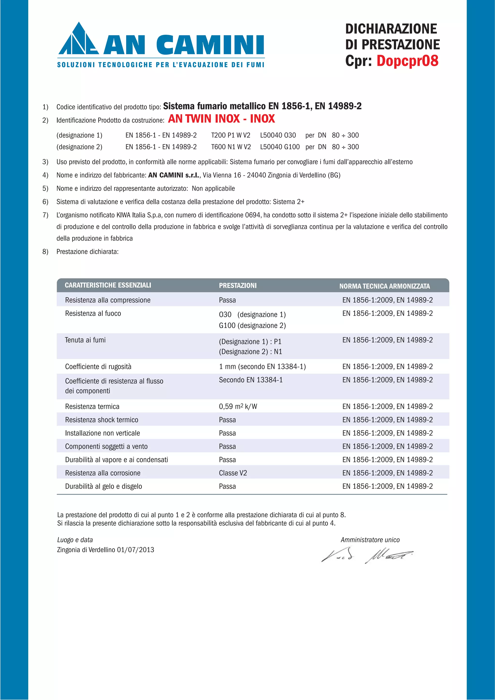 DICHIARAZIONE
DI PRESTAZIONE
Cpr: Dopcpr08
1) Codice identificativo del prodotto tipo: Sistema fumario metallico EN 1856-1, EN 14989-2
2) Identificazione Prodotto da costruzione: AN TWIN INOX - INOX
(designazione 1) EN 1856-1 - EN 14989-2 T200 P1 W V2 L50040 O30 per DN 80 ÷ 300
(designazione 2) EN 1856-1 - EN 14989-2 T600 N1 W V2 L50040 G100 per DN 80 ÷ 300
3) Uso previsto del prodotto, in conformità alle norme applicabili: Sistema fumario per convogliare i fumi dall’apparecchio all’esterno
4) Nome e indirizzo del fabbricante: AN CAMINI s.r.l., Via Vienna 16 - 24040 Zingonia di Verdellino (BG)
5) Nome e indirizzo del rappresentante autorizzato: Non applicabile
6) Sistema di valutazione e verifica della costanza della prestazione del prodotto: Sistema 2+
7) L’organismo notificato KIWA Italia S.p.a, con numero di identificazione 0694, ha condotto sotto il sistema 2+ l’ispezione iniziale dello stabilimento
di produzione e del controllo della produzione in fabbrica e svolge l’attività di sorveglianza continua per la valutazione e verifica del controllo
della produzione in fabbrica
8) Prestazione dichiarata:
La prestazione del prodotto di cui al punto 1 e 2 è conforme alla prestazione dichiarata di cui al punto 8.
Si rilascia la presente dichiarazione sotto la responsabilità esclusiva del fabbricante di cui al punto 4.
Luogo e data Amministratore unico
Zingonia di Verdellino 01/07/2013
CARATTERISTICHE ESSENZIALI PRESTAZIONI NORMA TECNICA ARMONIZZATA
Resistenza alla compressione
Resistenza al fuoco
Tenuta ai fumi
Coefficiente di rugosità
Coefficiente di resistenza al flusso
dei componenti
Resistenza termica
Resistenza shock termico
Installazione non verticale
Componenti soggetti a vento
Durabilità al vapore e ai condensati
Resistenza alla corrosione
Durabilità al gelo e disgelo
EN 1856-1:2009, EN 14989-2
EN 1856-1:2009, EN 14989-2
EN 1856-1:2009, EN 14989-2
EN 1856-1:2009, EN 14989-2
EN 1856-1:2009, EN 14989-2
EN 1856-1:2009, EN 14989-2
EN 1856-1:2009, EN 14989-2
EN 1856-1:2009, EN 14989-2
EN 1856-1:2009, EN 14989-2
EN 1856-1:2009, EN 14989-2
EN 1856-1:2009, EN 14989-2
EN 1856-1:2009, EN 14989-2
Passa
O30 (designazione 1)
G100 (designazione 2)
(Designazione 1) : P1
(Designazione 2) : N1
1 mm (secondo EN 13384-1)
Secondo EN 13384-1
0,59 m2 k/W
Passa
Passa
Passa
Passa
Classe V2
Passa
 