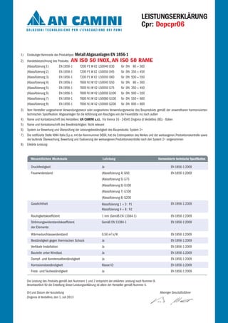 1) Eindeutiger Kenncode des Produkttyps: Metall Abgasanlagen EN 1856-1
2) Handelsbezeichnung des Produkts: AN ISO 50 INOX, AN ISO 50 RAME
(Klassifizierung 1) EN 1856-1 T200 P1 W V2 L50040 O30 für DN 80 ÷ 300
(Klassifizierung 2) EN 1856-1 T200 P1 W V2 L50050 O45 für DN 350 ÷ 450
(Klassifizierung 3) EN 1856-1 T200 P1 W V2 L50050 O60 für DN 500 ÷ 550
(Klassifizierung 4) EN 1856-1 T600 N1 W V2 L50040 G50 für DN 80 ÷ 300
(Klassifizierung 5) EN 1856-1 T600 N1 W V2 L50050 G75 für DN 350 ÷ 450
(Klassifizierung 6) EN 1856-1 T600 N1 W V2 L50050 G100 für DN 500 ÷ 550
(Klassifizierung 7) EN 1856-1 T600 N1 W V2 L50060 G100 für DN 550 ÷ 600
(Klassifizierung 8) EN 1856-1 T600 N1 W V2 L50060 G200 für DN 600 ÷ 800
3) Vom Hersteller vorgesehener Verwendungszweck oder vorgesehene Verwendungszwecke des Bauprodukts gemäß der anwendbaren harmonisierten
technischen Spezifikation: Abgasanlagen für die Abführung von Rauchgas von der Feuerstätte ins nach außen
4) Name und Kontaktanschrift des Herstellers: AN CAMINI s.r.l., Via Vienna 16 - 24040 Zingonia di Verdellino (BG) - Italien
5) Name und Kontaktanschrift des Bevollmächtigten: Nicht relevant
6) System zur Bewertung und Überprüfung der Leistungsbeständigkeit des Bauprodukts: System 2+
7) Die notifizierte Stelle KIWA Italia S.p.a, mit der Kennnummer 0694, hat die Erstinspektion des Werkes und der werkseigenen Produktionskontrolle sowie
die laufende Überwachung, Bewertung und Evaluierung der werkseigenen Produktionskontrolle nach den System 2+ vorgenommen
8) Erklärte Leistung:
Die Leistung des Produkts gemäß den Nummern 1 und 2 entspricht der erklärten Leistung nach Nummer 8.
Verantwortlich für die Erstellung dieser Leistungserklärung ist allein der Hersteller gemäß Nummer 4.
Ort und Datum der Ausstellung Alleiniger Geschäftsführer
Zingonia di Verdellino, den 1. Juli 2013
Druckfestigkeit
Feuerwiderstand
Gasdichtheit
Rauhigkeitskoeffizient
Strömungswiderstandskoeffizient
der Elemente
Wärmedurchlasswiderstand
Beständigkeit gegen thermischen Schock
Vertikale Installation
Bauteile unter Windlast
Dampf- und Kondensatbeständigkeit
Korrosionsbeständigkeit
Frost- und Taubeständigkeit
EN 1856-1:2009
EN 1856-1:2009
EN 1856-1:2009
EN 1856-1:2009
EN 1856-1:2009
EN 1856-1:2009
EN 1856-1:2009
EN 1856-1:2009
EN 1856-1:2009
EN 1856-1:2009
EN 1856-1:2009
EN 1856-1:2009
Ja
(Klassifizierung 4) G50
(Klassifizierung 5) G75
(Klassifizierung 6) G100
(Klassifizierung 7) G100
(Klassifizierung 8) G200
Klassifizierung 1 ÷ 3 : P1
Klassifizierung 4 ÷ 8 : N1
1 mm (Gemäß EN 13384-1)
Gemäß EN 13384-1
0,56 m2 k/W
Ja
Ja
Ja
Ja
Klasse V2
Ja
LEISTUNGSERKLÄRUNG
Cpr: Dopcpr06
Wesentlichen Merkmale Leistung Harmonisierte technische Spezifikation
 