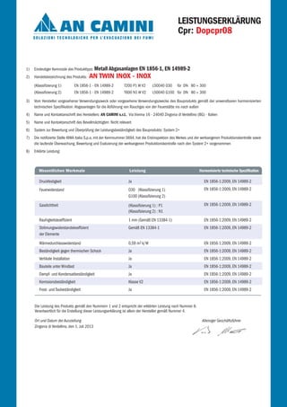 1) Eindeutiger Kenncode des Produkttyps: Metall Abgasanlagen EN 1856-1, EN 14989-2
2) Handelsbezeichnung des Produkts: AN TWIN INOX - INOX
(Klassifizierung 1) EN 1856-1 - EN 14989-2 T200 P1 W V2 L50040 O30 für DN 80 ÷ 300
(Klassifizierung 2) EN 1856-1 - EN 14989-2 T600 N1 W V2 L50040 G100 für DN 80 ÷ 300
3) Vom Hersteller vorgesehener Verwendungszweck oder vorgesehene Verwendungszwecke des Bauprodukts gemäß der anwendbaren harmonisierten
technischen Spezifikation: Abgasanlagen für die Abführung von Rauchgas von der Feuerstätte ins nach außen
4) Name und Kontaktanschrift des Herstellers: AN CAMINI s.r.l., Via Vienna 16 - 24040 Zingonia di Verdellino (BG) - Italien
5) Name und Kontaktanschrift des Bevollmächtigten: Nicht relevant
6) System zur Bewertung und Überprüfung der Leistungsbeständigkeit des Bauprodukts: System 2+
7) Die notifizierte Stelle KIWA Italia S.p.a, mit der Kennnummer 0694, hat die Erstinspektion des Werkes und der werkseigenen Produktionskontrolle sowie
die laufende Überwachung, Bewertung und Evaluierung der werkseigenen Produktionskontrolle nach den System 2+ vorgenommen
8) Erklärte Leistung:
Die Leistung des Produkts gemäß den Nummern 1 und 2 entspricht der erklärten Leistung nach Nummer 8.
Verantwortlich für die Erstellung dieser Leistungserklärung ist allein der Hersteller gemäß Nummer 4.
Ort und Datum der Ausstellung Alleiniger Geschäftsführer
Zingonia di Verdellino, den 1. Juli 2013
Druckfestigkeit
Feuerwiderstand
Gasdichtheit
Rauhigkeitskoeffizient
Strömungswiderstandskoeffizient
der Elemente
Wärmedurchlasswiderstand
Beständigkeit gegen thermischen Schock
Vertikale Installation
Bauteile unter Windlast
Dampf- und Kondensatbeständigkeit
Korrosionsbeständigkeit
Frost- und Taubeständigkeit
EN 1856-1:2009, EN 14989-2
EN 1856-1:2009, EN 14989-2
EN 1856-1:2009, EN 14989-2
EN 1856-1:2009, EN 14989-2
EN 1856-1:2009, EN 14989-2
EN 1856-1:2009, EN 14989-2
EN 1856-1:2009, EN 14989-2
EN 1856-1:2009, EN 14989-2
EN 1856-1:2009, EN 14989-2
EN 1856-1:2009, EN 14989-2
EN 1856-1:2009, EN 14989-2
EN 1856-1:2009, EN 14989-2
Ja
O30 (Klassifizierung 1)
G100 (Klassifizierung 2)
(Klassifizierung 1) : P1
(Klassifizierung 2) : N1
1 mm (Gemäß EN 13384-1)
Gemäß EN 13384-1
0,59 m2 k/W
Ja
Ja
Ja
Ja
Klasse V2
Ja
LEISTUNGSERKLÄRUNG
Cpr: Dopcpr08
Wesentlichen Merkmale Leistung Harmonisierte technische Spezifikation
 