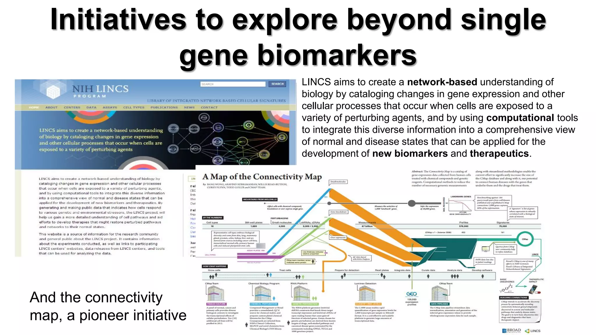 Initiatives to explore beyond single gene biomarkers 
LINCS aims to create a network-based understanding of biology by cataloging changes in gene expression and other cellular processes that occur when cells are exposed to a variety of perturbing agents, and by using computational tools to integrate this diverse information into a comprehensive view of normal and disease states that can be applied for the development of new biomarkers and therapeutics. 
And the connectivity map, a pioneer initiative  