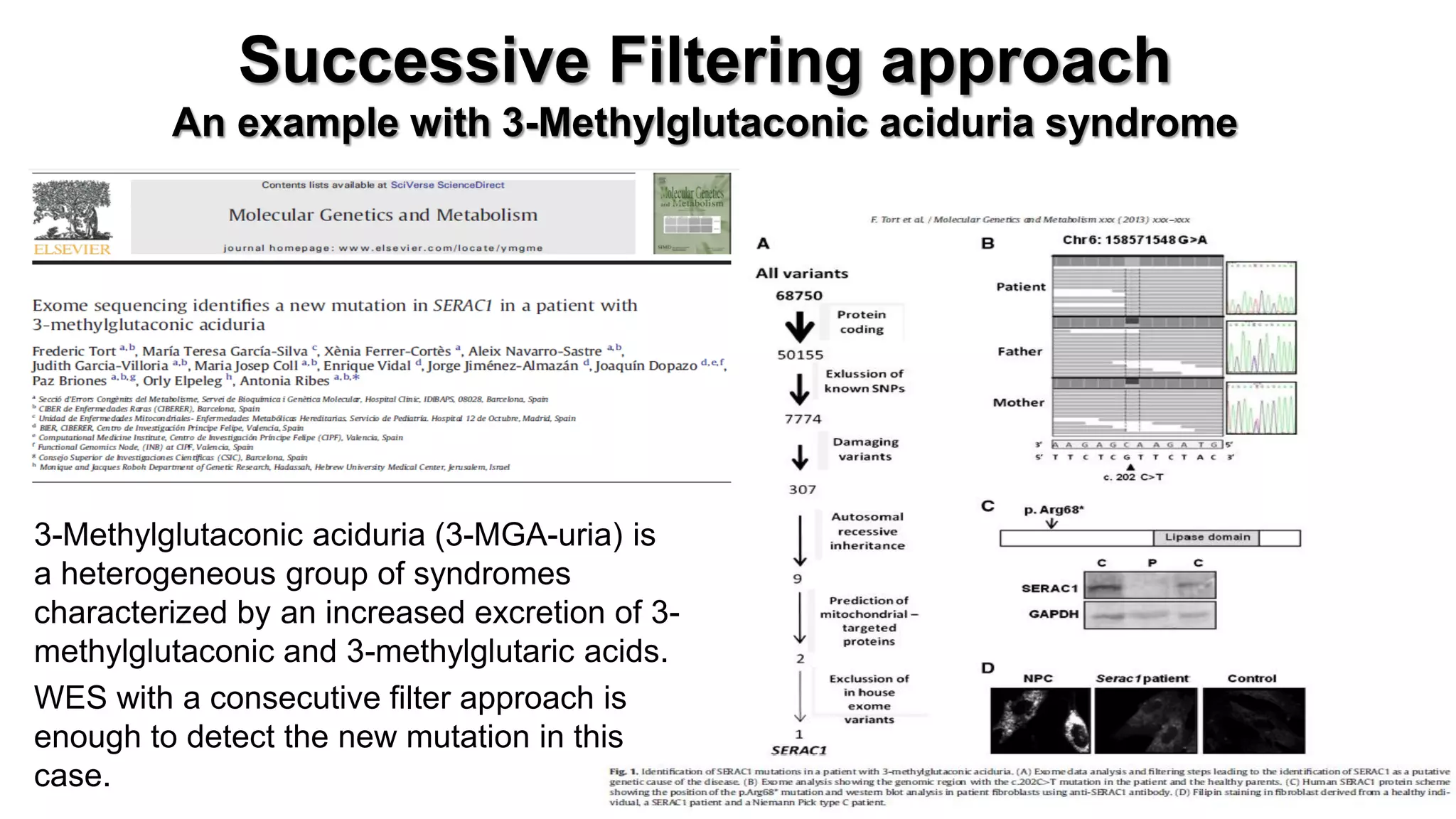 Successive Filtering approach An example with 3-Methylglutaconic aciduria syndrome 
3-Methylglutaconic aciduria (3-MGA-uria) is a heterogeneous group of syndromes characterized by an increased excretion of 3- methylglutaconic and 3-methylglutaric acids. 
WES with a consecutive filter approach is enough to detect the new mutation in this case.  