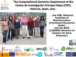 The Computational Genomics Department at the Centro de Investigación Príncipe Felipe (CIPF), Valencia, Spain, and… 
...the INB, National Institute of Bioinformatics (Functional Genomics Node) and the BiER (CIBERER Network of Centers for Rare Diseases) 
@xdopazo 
@bioinfocipf 