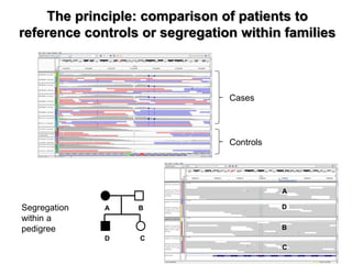 The principle: comparison of patients to reference controls or segregation within families 
A 
B 
C 
D 
A 
B 
C 
D 
Cases 
Controls 
Segregation within a pedigree  