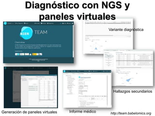 Diagnóstico con NGS y
paneles virtuales
Variante diagnóstica
Hallazgos secundarios
Informe médicoGeneración de paneles virtuales http://team.babelomics.org
 