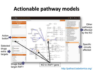 Actionable pathway models
KO in RAF1 geneDrugs that
target RAF1
Selected
drugs
extra
targets
Other
pathways
affected
by the KO
Specific
circuits
affected
Action
button
http://pathact.babelomics.org/
 