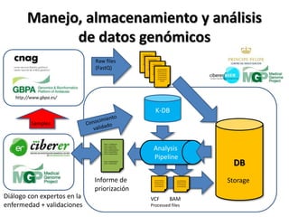 Manejo, almacenamiento y análisis
de datos genómicos
http://www.gbpa.es/
GCGTATAGCA
CGGGTATCTGT
ATTATGGTGG
ATATCAGCGG
ATTGCGATTG
GCAGAGCGGC
AAAGT
GCGTATAGCA
CGGGTATCTGT
ATTATGGTGG
ATATCAGCGG
ATTGCGATTG
GCAGAGCGGC
AAAGT
GCGTATAGCA
CGGGTATCTGT
ATTATGGTGG
ATATCAGCGG
ATTGCGATTG
GCAGAGCGGC
AAAGT
GCGTATAGCA
CGGGTATCTGT
ATTATGGTGG
ATATCAGCGG
ATTGCGATTG
GCAGAGCGGC
AAAGT
Raw files
(FastQ)
DB
Analysis
Pipeline
Storage
K-DB
Gene 1 ksdhkahcka
Gene 2 jckacsksda
Gene 3 lkkxkccj<jdc
Gene 4 ksfdjvjvlsdkvjd
Gene 5 kckcksñdksd
Gene 6 ldkdkcksdcldl
Gene x kcdlkclkldsklk
Gene Y jcdksdkcdks
Informe de
priorización
Diálogo con expertos en la
enfermedad + validaciones
Samples
GCGTATAGCA
CGGGTATCTGT
ATTATGGTGG
ATATCAGCGG
GCGTATAGCA
CGGGTATCTGT
ATTATGGTGG
ATATCAGCGG
VCF BAM
Processed files
 