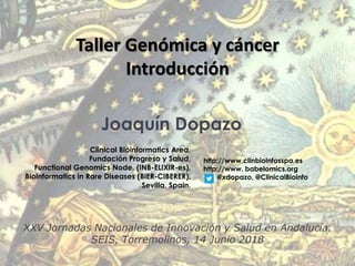 Joaquín Dopazo
Clinical Bioinformatics Area,
Fundación Progreso y Salud,
Functional Genomics Node, (INB-ELIXIR-es),
Bioinformatics in Rare Diseases (BiER-CIBERER),
Sevilla, Spain.
Taller Genómica y cáncer
Introducción
http://www.clinbioinfosspa.es
http://www. babelomics.org
@xdopazo, @ClinicalBioinfo
XXV Jornadas Nacionales de Innovación y Salud en Andalucía.
SEIS, Torremolinos, 14 Junio 2018
 