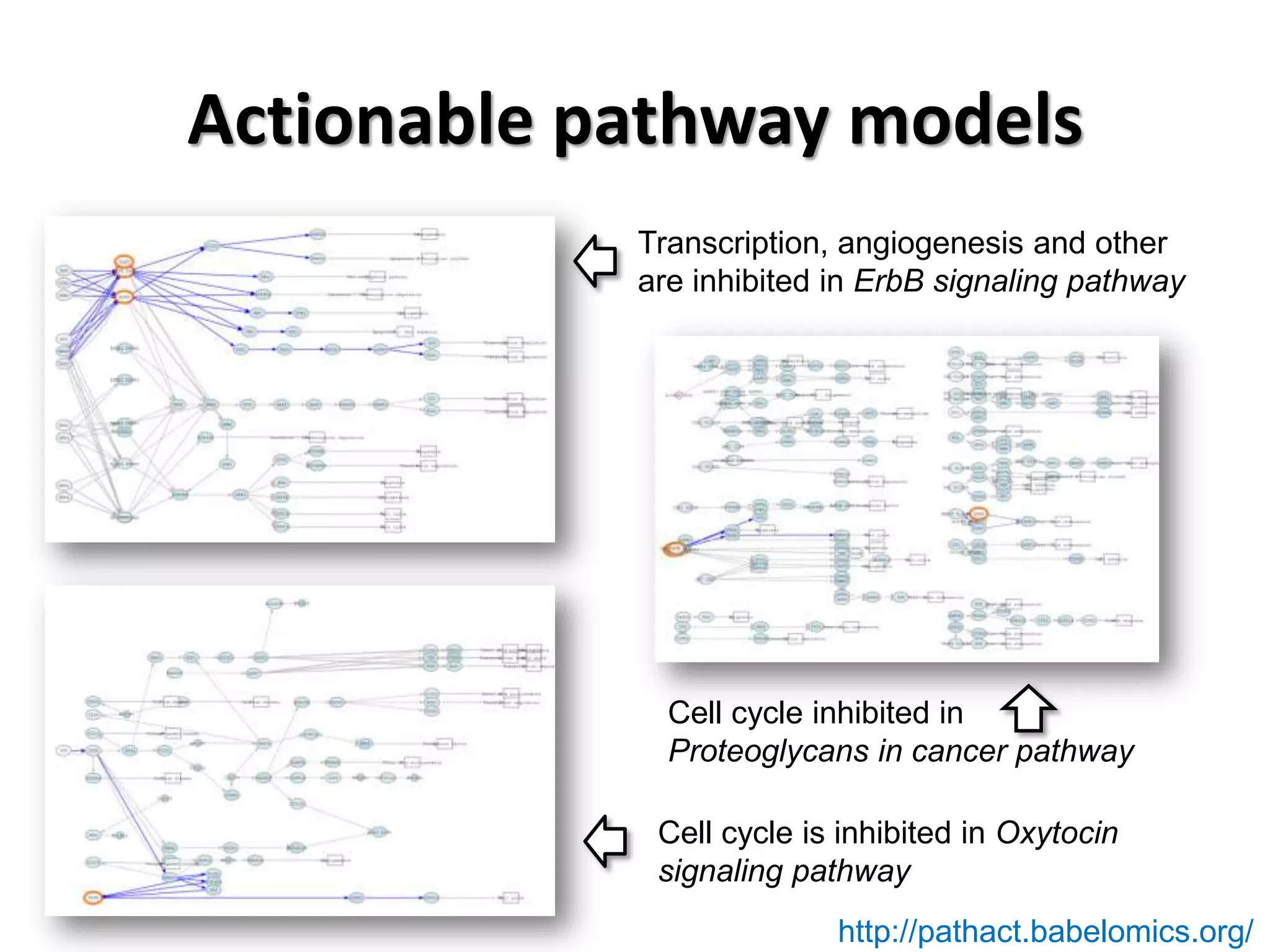 Actionable pathway models
Cell cycle inhibited in
Proteoglycans in cancer pathway
Transcription, angiogenesis and other
are inhibited in ErbB signaling pathway
Cell cycle is inhibited in Oxytocin
signaling pathway
http://pathact.babelomics.org/
 