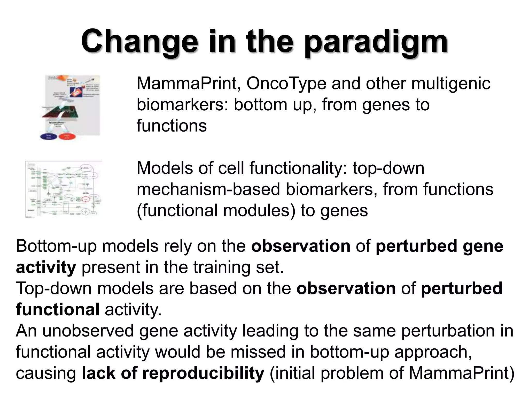 Change in the paradigm
MammaPrint, OncoType and other multigenic
biomarkers: bottom up, from genes to
functions
Models of cell functionality: top-down
mechanism-based biomarkers, from functions
(functional modules) to genes
Bottom-up models rely on the observation of perturbed gene
activity present in the training set.
Top-down models are based on the observation of perturbed
functional activity.
An unobserved gene activity leading to the same perturbation in
functional activity would be missed in bottom-up approach,
causing lack of reproducibility (initial problem of MammaPrint)
 