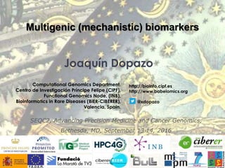 Joaquín Dopazo
Computational Genomics Department,
Centro de Investigación Príncipe Felipe (CIPF),
Functional Genomics Node, (INB),
Bioinformatics in Rare Diseases (BiER-CIBERER),
Valencia, Spain.
Multigenic (mechanistic) biomarkers
http://bioinfo.cipf.es
http://www.babelomics.org
@xdopazo
SEQC2, Advancing Precision Medicine and Cancer Genomics,
Bethesda, MD, September 13‐14, 2016
 