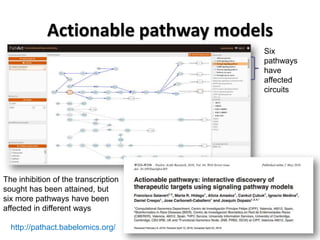 Actionable pathway models
http://pathact.babelomics.org/
The inhibition of the transcription
sought has been attained, but
six more pathways have been
affected in different ways
Six
pathways
have
affected
circuits
 