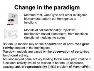 Change in the paradigm
MammaPrint, OncoType and other multigenic
biomarkers: bottom up, from genes to
functions
Models of cell functionality: top-down
mechanism-based biomarkers, from functions
(functional modules) to genes
Bottom-up models rely on the observation of perturbed gene
activity present in the training set.
Top-down models are based on the observation of perturbed
functional activity.
An unobserved gene activity leading to the same perturbation in
functional activity would be missed in bottom-up approach,
causing lack of reproducibility (initial problem of MammaPrint)
 