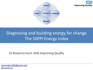 Diagnosing and building energy for change
The SSPPI Energy Index
Dr Rosanna Hunt, NHS Improving Quality
rosannahunt95@gmail.com
@rosielhunt
Psychological
Physical
Spiritual
Social Intellectual
 