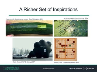 #DoGoodData
A Richer Set of Inspirations
History Quilt, Elizabeth Peabody, 1856
Prudential Ribbons Experiment, 2014Food security data on a cucumber, Rahul Bhargava, 2014
Black Cloud, WWF & Ogilvy, 2007
 