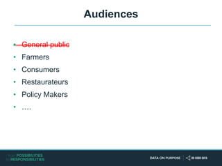 Audiences
• General public
• Farmers
• Consumers
• Restaurateurs
• Policy Makers
• ….
 