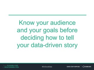 #DoGoodData
February 7, 9:00 a.m. – 1:00 p.m.
Title:
Job Title, Company name
First & Last Name
Know your audience
and your goals before
deciding how to tell
your data-driven story
 