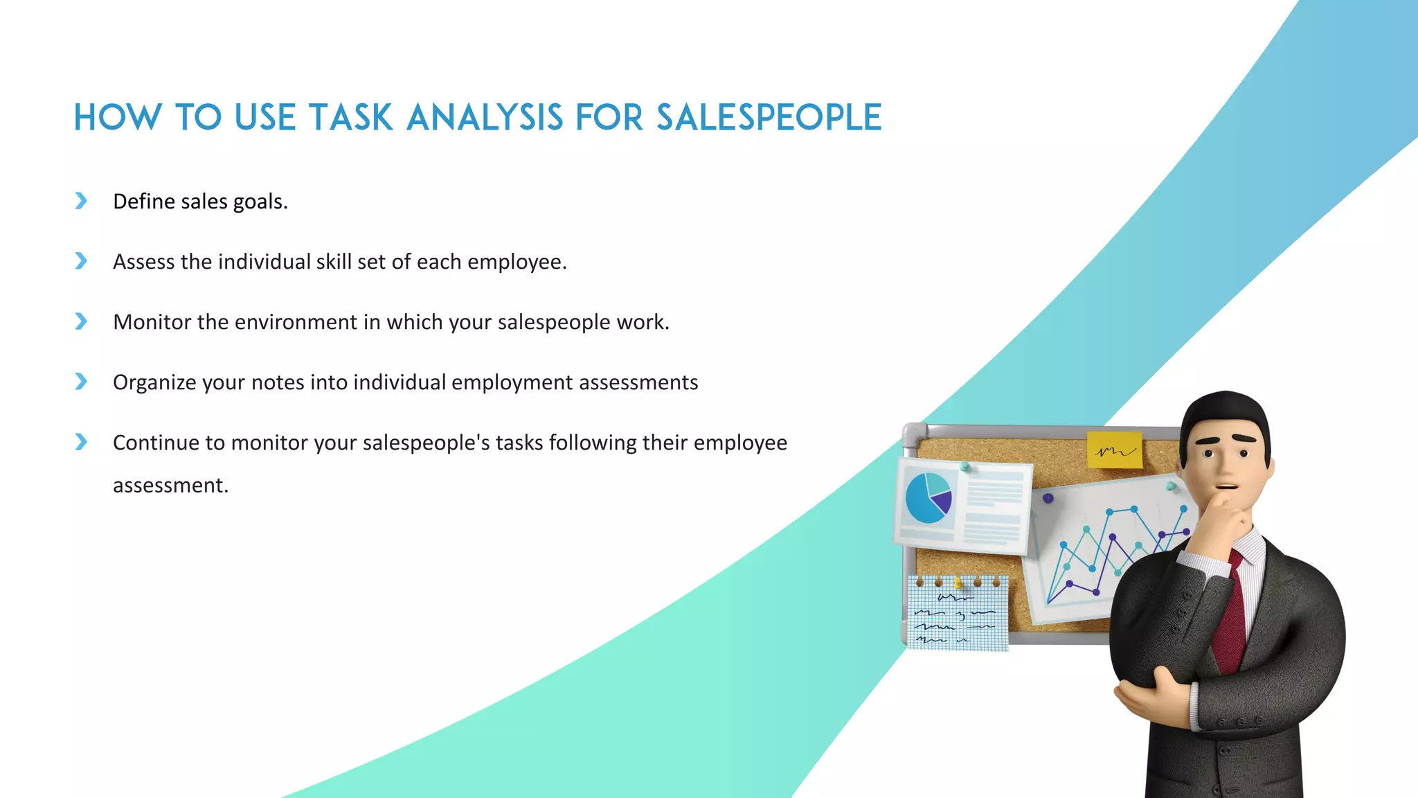 Define sales goals.
Assess the individual skill set of each employee.
Monitor the environment in which your salespeople work.
Organize your notes into individual employment assessments
Continue to monitor your salespeople's tasks following their employee
assessment.
3
