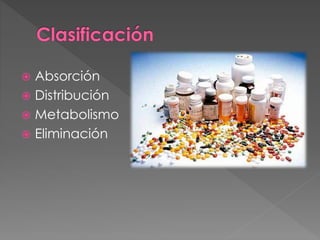  Absorción 
 Distribución 
 Metabolismo 
 Eliminación 
 