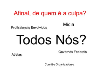 Afinal, de quem é a culpa?
Atletas
Comitês Organizadores
Mídia
Profissionais Envolvidos
Todos Nós?
Governos Federais
 