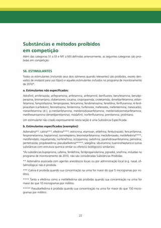 Substâncias e métodos proibidos
em competição
Além das categorias S1 a S5 e M1 a M3 definidas anteriormente, as seguintes categorias são proi-
bidas em competição:


S6. EStImULAntES
Todos os estimulantes (incluindo seus dois isômeros quando relevantes) são proibidos, exceto deri-
vados de imidazol para uso tópico e aqueles estimulantes incluídos no programa de monitoramento
de 2010*.

a. Estimulantes não especificados:
Adrafinil; amifenazola; anfepramona; anfetamina; anfetaminil; benfluorex; benzfetamina; benzilpi-
perazina; bromantano; clobenzorex; cocaína; cropropamida; crotetamida; dimetilanfetamina; etilan-
fetamina; famprofazona; femproporex; fencamina; fendimetrazina; fenetilina; fenfluramina; 4-fenil-
piracetam (carfedom); fenmetrazina; fentermina; furfenorex; mefenorex; mefentermina; mesocarbo;
metanfetamina (d-); p-metilanfetamina; metilenodioxianfetamina; metilenodioximetanfetamina;
metilhexanoamina (dimetilpentilamina); modafinil; norfenfluramina; prenilamina; prolintano.
Um estimulante não citado expressamente nesta seção é uma Substância Especificada.

b. Estimulantes especificados (exemplos):
Adrenalina**; catina***; efedrina****; estricnina; etamivan; etilefrina; fenbutrazato; fencanfamina;
fenprometamina; heptaminol; isometepteno; levometanfetamina; meclofenoxato; metilefedrina****;
metilfenidato; niquetamida; norfenefrina; octopamina; oxilofrina; parahidroxianfetamina; pemolina;
pentetrazola; propilexedrina; pseudoefedrina*****; selegilina; sibutramina; tuaminoheptano e outras
substâncias com estrutura química similar ou efeito(s) biológico(s) similar(es).
*As substâncias bupopriona, cafeína, fenilefrina, fenilpropanolamina, pipradol, sinefrina, incluídas no
programa de monitoramento de 2010, não são consideradas Substâncias Proibidas.
** Adrenalina associada com agentes anestésicos locais ou por administração local (e.g. nasal, of-
talmológica) não é proibida.
*** Catina é proibida quando sua concentração na urina for maior do que 5 microgramas por mi-
lilitro.
**** Tanto a efedrina como a metilefedrina são proibidas quando sua concentração na urina for
maior do que 10 microgramas por mililitro.
***** Pseudoefedrina é proibida quando sua concentração na urina for maior do que 150 micro-
gramas por mililitro.




                                                22
 