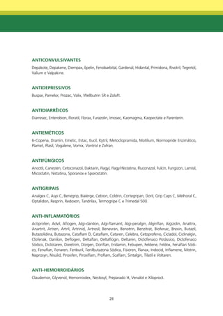 AntICOnVULSIVAntES
Depakote, Depakene, Diempax, Epelin, Fenobarbital, Gardenal, Hidantal, Primidona, Rivotril, Tegretol,
Valium e Valpakine.


AntIdEPRESSIVOS
Buspar, Pamelor, Prozac, Valix, Wellbutrin SR e Zoloft.


AntIdIARRêICOS
Diarresec, Enterobion, Floratil, Florax, Furazolin, Imosec, Kaomagma, Kaopectate e Parenterin.


AntIEmétICOS
6-Copena, Dramin, Emetic, Estac, Eucil, Kytril, Metoclopramida, Motilium, Normopride Enzimático,
Plamet, Plasil, Vogalene, Vomix, Vontrol e Zofran.


AntIfÚngICOS
Ancotil, Canesten, Cetoconazol, Daktarin, Flagyl, Flagyl Nistatina, Fluconazol, Fulcin, Fungizon, Lamisil,
Micostatin, Nistatina, Sporanox e Sporostatin.


AntIgRIPAIS
Analgex C, Aspi C, Benegrip, Bialerge, Cebion, Coldrin, Cortegripan, Doril, Grip Caps C, Melhoral C,
Optalidon, Resprin, Redoxon, Tandrilax, Termogripe C e Trimedal 500.


AntI-InfLAmAtÓRIOS
Actiprofen, Advil, Aflogen, Algi-danilon, Algi-flamanil, Algi-peralgin, Alginflan, Algizolin, Analtrix,
Anartrit, Artren, Artril, Artrinid, Artrosil, Benevran, Benotrin, Benzitrat, Biofenac, Brexin, Butazil,
Butazolidina, Butazona, Cataflam D, Cataflam, Cataren, Celebra, Cetoprofeno, Cicladol, Ciclinalgin,
Clofenak, Danilon, Deflogen, Deltaflan, Deltaflogin, Deltaren, Diclofenaco Potássico, Diclofenaco
Sódico, Diclotaren, Doretrim, Dorgen, Doriflan, Eridamin, Febupen, Feldene, Feldox, Fenaflan Sódi-
co, Fenaflan, Fenaren, Fenburil, Fenilbutazona Sódica, Fisioren, Flanax, Indocid, Inflamene, Motrin,
Naprosyn, Nisulid, Piroxifen, Piroxiflam, Proflam, Scaflam, Sintalgin, Tilatil e Voltaren.


AntI-HEmORROIdÁRIOS
Claudemor, Glyvenol, Hemorroidex, Nestosyl, Preparado H, Venalot e Xiloproct.




                                                 28
 