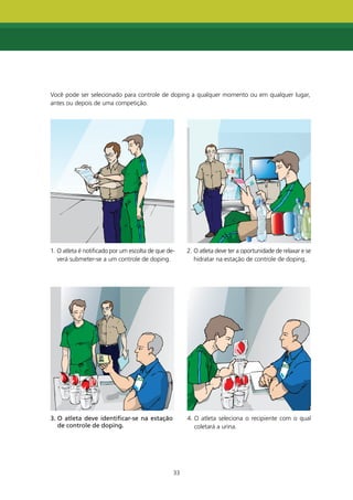 Você pode ser selecionado para controle de doping a qualquer momento ou em qualquer lugar,
antes ou depois de uma competição.




1. O atleta é notificado por um escolta de que de-    2. O atleta deve ter a oportunidade de relaxar e se
   verá submeter-se a um controle de doping.             hidratar na estação de controle de doping.




3. O atleta deve identificar-se na estação            4. O atleta seleciona o recipiente com o qual
   de controle de doping.                                coletará a urina.




                                                 33
 