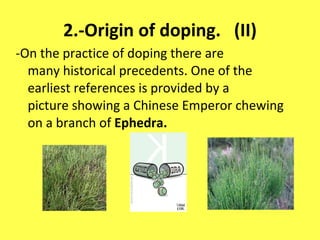 2.-Origin of doping.  (II) -On the practice of doping there are many historical precedents. One of the earliest references is provided by a picture showing a Chinese Emperor chewing on a branch of  Ephedra. 