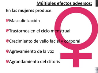 En las mujeres produce:

 Masculinización

 Trastornos en el ciclo menstrual

 Crecimiento de vello facial y corporal

 Agravamiento de la voz

 Agrandamiento del clítoris
 
