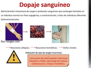 Dopaje sanguíneo
Administración intravenosa de sangre o productos sanguíneos que contengan hematíes en
un individuo normal con fines ergogénico, o autotransfusión, o bien de individuos diferentes
(heterotransfusión).




Sus riesgos son:

          Reacciones alérgicas.      Reacciones hemolíticas.        Daños renales .

                          Utilización de tipo de sangre incorrecto:
                                                     ,
                                transmisión de enfermedades infecciosas
                               (Hepatitis y SIDA), sobrecarga del sistema
                                  cardiovascular y choque metabólico.
 