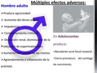 Hombre adulto
Produce agresividad

 Aumento del deseo sexual

 Impotencia

 Comportamiento criminal
                                        En Adolescentes
 Disfunción renal, disminución de la
                                        produce:
Producción de espermatozoides
                                        Abundante acné facial corporal.
Aumento del tamaño de las mamas

Agrandamiento e inflamación de la      Cierre prematuro del cartílago

                                        de crecimiento.
próstata.
 