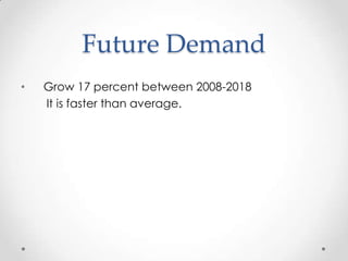 Future Demand
•   Grow 17 percent between 2008-2018
    It is faster than average.
 