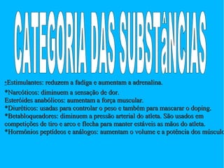 **Estimulantes: reduzem a fadiga ee aauummeennttaamm aa aaddrreennaalliinnaa.. 
**NNaarrccóóttiiccooss:: ddiimmiinnuueemm aa sseennssaaççããoo ddee ddoorr.. 
EEsstteerróóiiddeess aannaabbóólliiccooss:: aauummeennttaamm aa ffoorrççaa mmuussccuullaarr.. 
**DDiiuurrééttiiccooss:: uussaaddaass ppaarraa ccoonnttrroollaarr oo ppeessoo ee ttaammbbéémm ppaarraa mmaassccaarraarr oo ddooppiinngg.. 
**BBeettaabbllooqquueeaaddoorreess:: ddiimmiinnuueemm aa pprreessssããoo aarrtteerriiaall ddoo aattlleettaa.. SSããoo uussaaddooss eemm 
ccoommppeettiiççõõeess ddee ttiirroo ee aarrccoo ee fflleecchhaa ppaarraa mmaanntteerr eessttáávveeiiss aass mmããooss ddoo aattlleettaa.. 
**HHoorrmmôônniiooss ppeeppttííddeeooss ee aannáállooggooss:: aauummeennttaamm oo vvoolluummee ee aa ppoottêênncciiaa ddooss mmúússccuullooss.. 
 