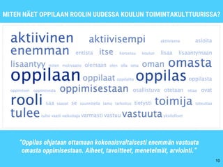 MITEN NÄET OPPILAAN ROOLIN UUDESSA KOULUN TOIMINTAKULTTUURISSA?
10
“Oppilas ohjataan ottamaan kokonaisvaltaisesti enemmän vastuuta
omasta oppimisestaan. Aiheet, tavoitteet, menetelmät, arviointi.”
 
