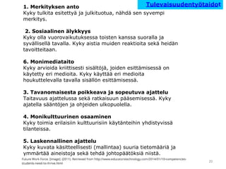 1. Merkityksen anto
Kyky tulkita esitettyä ja julkituotua, nähdä sen syvempi
merkitys.
2. Sosiaalinen älykkyys
Kyky olla vuorovaikutuksessa toisten kanssa suoralla ja
syvällisellä tavalla. Kyky aistia muiden reaktioita sekä heidän
tavoitteitaan.
6. Monimediataito
Kyky arvioida kriittisesti sisältöjä, joiden esittämisessä on
käytetty eri medioita. Kyky käyttää eri medioita
houkuttelevalla tavalla sisällön esittämisessä.
3. Tavanomaisesta poikkeava ja sopeutuva ajattelu
Taitavuus ajattelussa sekä ratkaisuun pääsemisessä. Kyky
ajatella sääntöjen ja ohjeiden ulkopuolella.
4. Monikulttuurinen osaaminen
Kyky toimia erilaisiin kulttuurisiin käytänteihin yhdistyvissä
tilanteissa.
5. Laskennallinen ajattelu
Kyky kuvata käsitteellisesti (mallintaa) suuria tietomääriä ja
ymmärtää aineistoja sekä tehdä johtopäätöksiä niistä.
Tulevaisuudentyötaidot
20
 