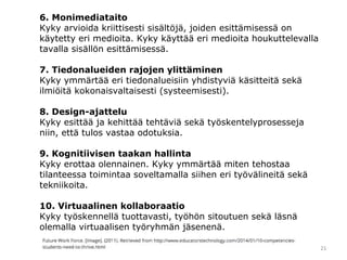 6. Monimediataito
Kyky arvioida kriittisesti sisältöjä, joiden esittämisessä on
käytetty eri medioita. Kyky käyttää eri medioita houkuttelevalla
tavalla sisällön esittämisessä.
7. Tiedonalueiden rajojen ylittäminen
Kyky ymmärtää eri tiedonalueisiin yhdistyviä käsitteitä sekä
ilmiöitä kokonaisvaltaisesti (systeemisesti).
8. Design-ajattelu
Kyky esittää ja kehittää tehtäviä sekä työskentelyprosesseja
niin, että tulos vastaa odotuksia.
9. Kognitiivisen taakan hallinta
Kyky erottaa olennainen. Kyky ymmärtää miten tehostaa
tilanteessa toimintaa soveltamalla siihen eri työvälineitä sekä
tekniikoita.
10. Virtuaalinen kollaboraatio
Kyky työskennellä tuottavasti, työhön sitoutuen sekä läsnä
olemalla virtuaalisen työryhmän jäsenenä.
21
 