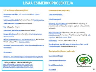 Esi- ja alkuopetuksen projekteja
Menin minä mettään, pdf - muodossa. ja Book Creator-
muodossa.
Tutkimusretki metsään Kellarpellon Vekkulit Projektin esittely
Vekarat eläinten jäljillä Kellarpellon Vekarat
Vesi Kellarpellon Veijarit
Vesseleiden metsäretkikirja Kellarpellon Vesselit
Norppa lähellämme Kellarpellon Viikarit. Ryhmän yhteinen
tuotos, digikirja
Metsän elämää tutkimassa riistakameran avulla, Kellarpellon
Vintiöt, esikouluryhmä Projektin esittely
Hirsimäen esikoululaiset design suuntautuneen pedagogiikan
toteuttajina
Kärpässienet
Hirsimäen 2c luokka desing perustaisen oppimisen portailla
Perusopetuksen projekteja
Talvikalastusprojekti,
Pettuleipäprojekti
Projekteja RajupusuWikissä Useiden ryhmien projekteja ja
projektiaihioita eri kouluilta, tekijöinä oppilaita esikoululaisista
lukiolaisiin
Mennään metsään Anttolan koulun 1.-2. lk (Savonlinna),
projektikuvaus pdf -muodossa. Projektissa syntynyt digikirja pdf-
muodossa sekä Book Creator -kirja.
Eläinten talvi Sulkavan yhtenäiskoulun 1. lk
Metsämatikkaa, Metsä ja luova kirjoittaminen, Pyhä metsä,
Valamo-lautapeli , Sulkavan yläkoulun 8. lk
Opettajaopiskelijoiden projekteja
Laukansaaren Torppa
Veteraanien ruokamuistot
Siirtolohkareen tarina
Naava-Räp
LISÄÄ ESIMERKKIPROJEKTEJA
51
Uusia projekteja päivitetään blogiin:
http://doppolkuja.blogspot.fi/p/esi-ja-
alkuopetuksen-projekteja-menin.html
 