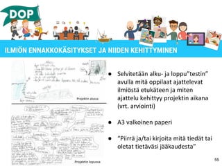 ● Selvitetään alku- ja loppu”testin”
avulla mitä oppilaat ajattelevat
ilmiöstä etukäteen ja miten
ajattelu kehittyy projektin aikana
(vrt. arviointi)
● A3 valkoinen paperi
● “Piirrä ja/tai kirjoita mitä tiedät tai
oletat tietäväsi jääkaudesta”
55
ILMIÖN ENNAKKOKÄSITYKSET JA NIIDEN KEHITTYMINEN
Projektin alussa
Projektin lopussa
 