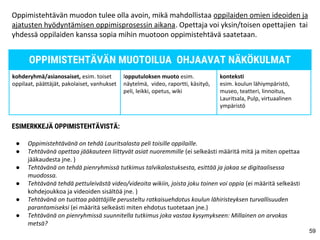 59
Oppimistehtävän muodon tulee olla avoin, mikä mahdollistaa oppilaiden omien ideoiden ja
ajatusten hyödyntämisen oppimisprosessin aikana. Opettaja voi yksin/toisen opettajien tai
yhdessä oppilaiden kanssa sopia mihin muotoon oppimistehtävä saatetaan.
OPPIMISTEHTÄVÄN MUOTOILUA OHJAAVAT NÄKÖKULMAT
kohderyhmä/asianosaiset, esim. toiset
oppilaat, päättäjät, pakolaiset, vanhukset
lopputuloksen muoto esim.
näytelmä, video, raportti, käsityö,
peli, leikki, opetus, wiki
konteksti
esim. koulun lähiympäristö,
museo, teatteri, linnoitus,
Lauritsala, Pulp, virtuaalinen
ympäristö
ESIMERKKEJÄ OPPIMISTEHTÄVISTÄ:
● Oppimistehtävänä on tehdä Lauritsalasta peli toisille oppilaille.
● Tehtävänä opettaa jääkauteen liittyvät asiat nuoremmille (ei selkeästi määritä mitä ja miten opettaa
jääkaudesta jne. )
● Tehtävänä on tehdä pienryhmissä tutkimus talvikalastuksesta, esittää ja jakaa se digitaalisessa
muodossa.
● Tehtävänä tehdä pettuleivästä video/videoita wikiin, joista joku toinen voi oppia (ei määritä selkeästi
kohdejoukkoa ja videoiden sisältöä jne. )
● Tehtävänä on tuottaa päättäjille perusteltu ratkaisuehdotus koulun lähiristeyksen turvallisuuden
parantamiseksi (ei määritä selkeästi miten ehdotus tuotetaan jne.)
● Tehtävänä on pienryhmissä suunnitella tutkimus joka vastaa kysymykseen: Millainen on arvokas
metsä?
 