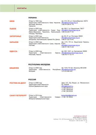 УКРАИНА
КИЕВ Открыт в 1994 году.
Территория ответственности: Киев, Чернигов,
Житомир, Винница,
Черкассы.
оф. 419, 2/6, ул. Новозабарская, 04074
office@dopomoga.org.ua
+380 44 594 81 78
ЛЬВОВ Открыт в 2003 году.
Территория ответственности: Львов, Луцк,
Ивано-Франковск, Тернополь, Хмельницкий,
Ужгород, Черновцы.
оф. 526, 2, ул. Водогонная, 79017
office@lviv.dopomoga.org.ua
+380 32 225 71 54
ЗАПОРОЖЬЕ Открыт в 2004 году.
Территория ответственности:
Запорожье, Кропивницкий, Кривой Рог, Днепр.
оф. 80, 27, ул. Почтовая, 69063
office@zp.dopomoga.org.ua
+380 61 222 79 40
ХАРЬКОВ Открыт в 2004 году.
Территория ответственности: Сумы, Харьков,
Полтава.
оф. 3.10, 7/8 пл. Защитников Украины,
61001
office@kh.dopomoga.org.ua
+380 57 766 72 26
ОДЕССА Открыт в 2005 году.
Территория ответственности: Одесса,
Николаев, Херсон
оф. 520, 120/1, ул. Балковская, 65005
office@odessa.dopomoga.org.ua
+380 48 717 53 14
РЕСПУБЛИКА МОЛДОВА
КИШИНЕВ Открыт в 2006 году.
Территория ответственности: Республика
Молдова.
оф. 1018, 76, бул. Кишинэу, MD-2038
office@dopomoga.md
+373 22 890 933
РОССИЯ
РОСТОВ-НА-ДОНУ Открыт в 2006 году.
Территория ответственности:
Южный федеральный округ.
офис 417, БЦ Форум, ул. Менжинского
2Л, 344038
office@temport.ru
+7 960 469 05 70
+7 961 298 60 50
+7 961 292 96 00
САНКТ-ПЕТЕРБУРГ Открыт в 2014 году.
Территория ответственности: Северо-
Западный федеральный округ.
temportspb@gmail.com
+7 981 781 98 60
DOPOMOGA GROUP
Head Office in Ukraine
Address: 419, 2/6 Novozabarska vul., Kyiv 04074, Ukraine
Reception: +380 44 594 81 78
14
 