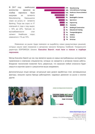 В 2017 году наибольшее
количество проектов на
подбор персонала было
получено от сегмента
Manufacturing. Уменьшился
спрос на услугу от сегмента
Banking. Тогда как спрос от IT
компаний от года к году вырос
с 16% до 24%. Третьим по
востребованности стал
сегмент Healthcare спрос
изменился с 1% до 15%.
Изменения на рынке труда повлияли на выработку новых рекрутинговых решений,
которые нашли своё отражение в авторском тренинге Катерины Скибской, Генерального
директора DOPOMOGA Ukraine: Executive Search: must have в поиске и подборе
персонала.
Метод Executive Search до сих пор является одним из самых востребованных инструментов
привлечения в компанию специалистов, которые не находятся в активном поиске работы.
Владение технологией позволяет быть уверенным, что вакансия любой сложности будет
закрыта в короткие сроки и с результатом выше ожидаемого.
Дополнительные опции метода: актуальный срез уровня заработных плат, мотивационные
факторы, внешняя оценка бренда работодателя, кадровые движения на рынке и многое
другое.
www.dopomoga.org.ua
DOPOMOGA GROUP
Head Office in Ukraine
Address: 419, 2/6 Novozabarska vul., Kyiv 04074, Ukraine
Reception: +380 44 594 81 78
6
 